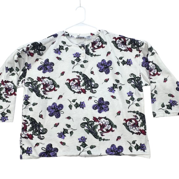 Gitano Tops - VTG Gitano Knit Pullover Women 20W White Floral Henley LS Cottagecore Cropped‎